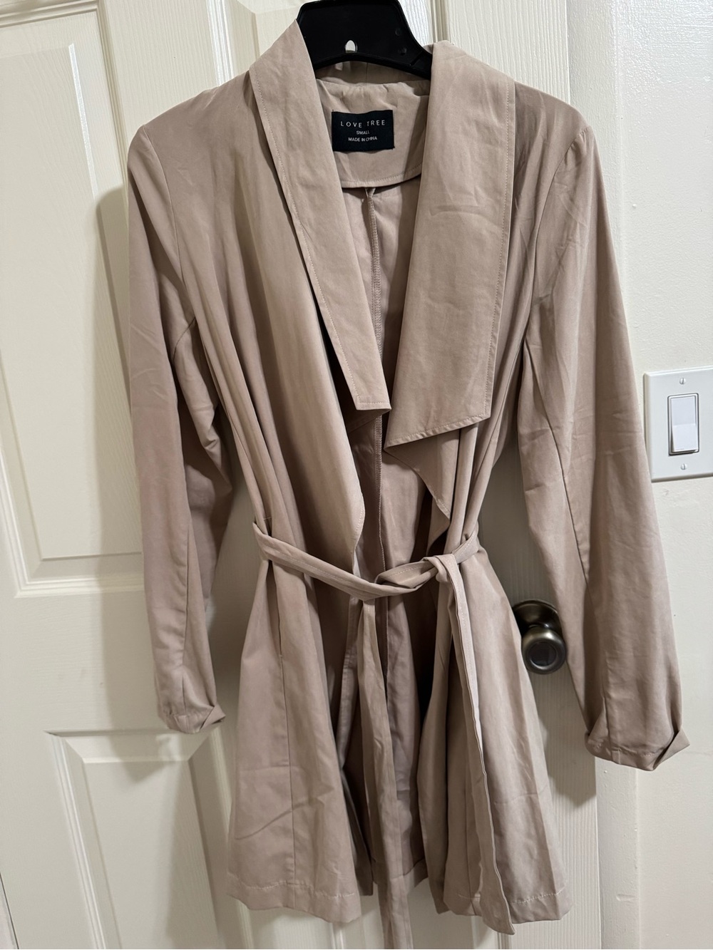 Love Tree Taupe Draped Belted Trench Coat